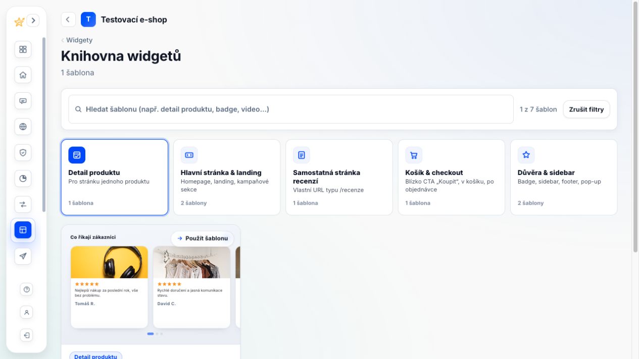 Knihovna widgetů Recenzia.cz s kategoriemi podle místa nasazení a náhledem šablony pro detail produktu.