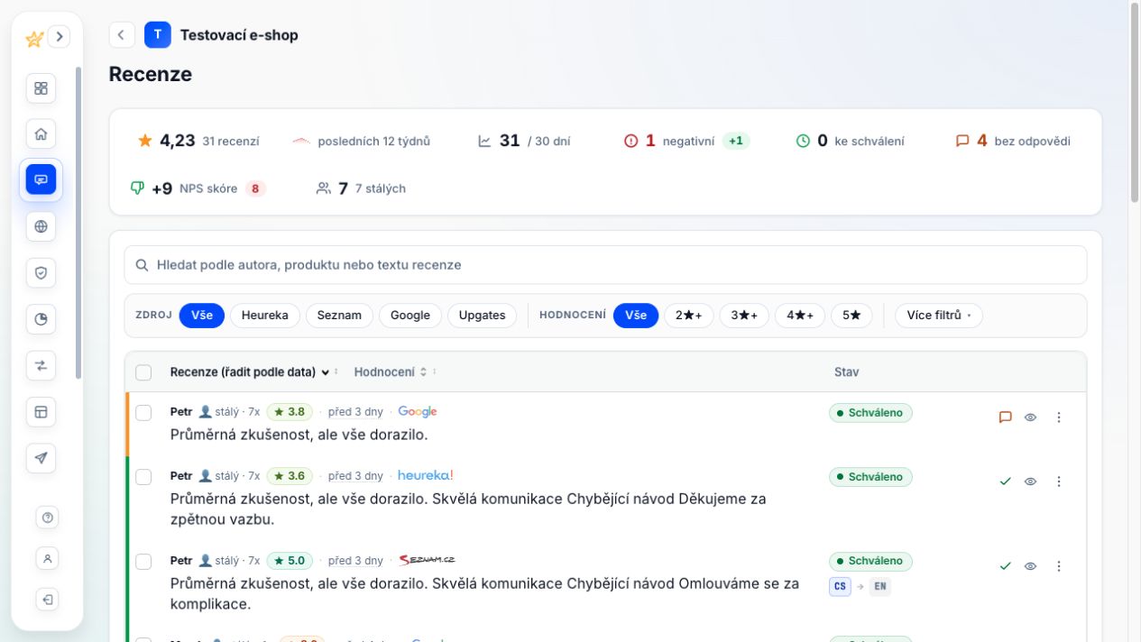 Inbox recenzí v Recenzia.cz s metrikami, filtry podle zdroje a hodnocení a řádky recenzí.
